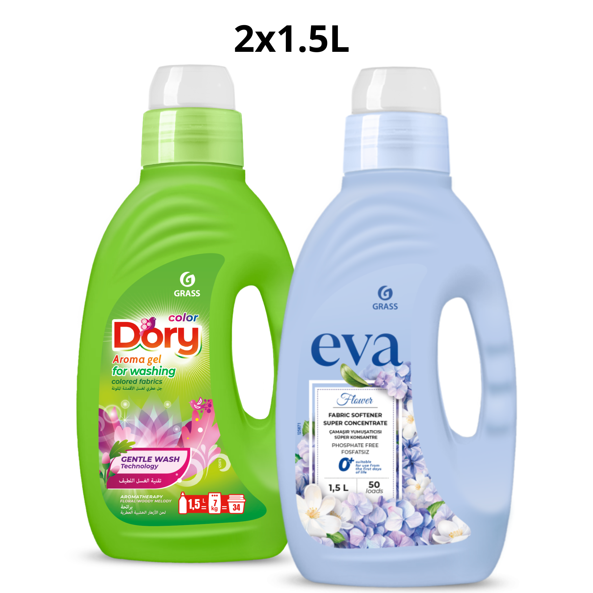 Набор для стирки цветных вещей 2 × 1,5 л Концентрированный гель для стирки цветных вещей DORY, 1,5 л и Концентрированный кондиционер для белья «EVA» Flower, 1,5 л